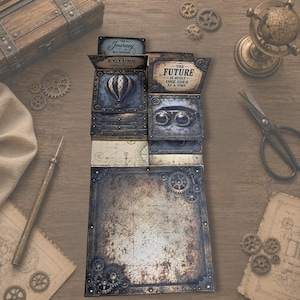 May include: A multi-layered paper craft project featuring metallic-toned gears, a hot air balloon, and goggles. Text reads: The Journey of a Thousand, The Future is Built One Idea at a Time. The design incorporates weathered, rusted textures and intricate mechanical illustrations.
