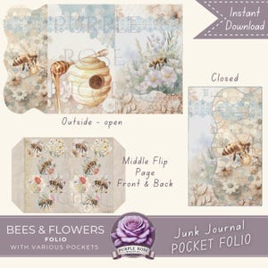 Bee Junk Journal Pocket Folio | Bees & Flowers Folio com vários bolsos | Download DIGITAL para impressão | Diário de arte de artesanato | Mídia mista
