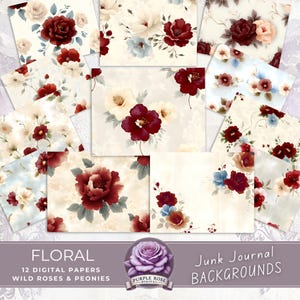 Vintage FLOREALE DIGITALE Carte, Rose selvatiche e peonie Sfondi stampabili, Borgogna, Beige, Crema, Blu tenue tenue, Strutturato, Elegante