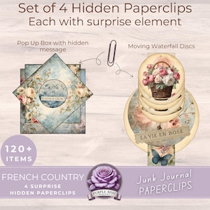 May include: Set of four hidden paperclips with surprise elements. Includes a pop-up box with a hidden message and moving waterfall discs. The design features floral and butterfly motifs, with the text "Bloom & Grow" and "La Vie En Rose."