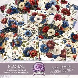 Papaveri e anemoni FLOREALI DIGITALI Carte, Fiori, Sfondi stampabili, Papavero, Peonia, Rosso granato, Blu navy, Bianco crema, Junk Journal