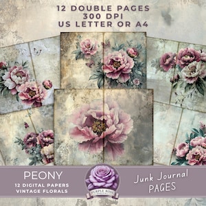 Páginas digitais do diário de lixo PEONY | Papel romântico vintage inspirado em peônias para impressão com flores | Artesanato | Papel para técnicas mistas | Diário de arte