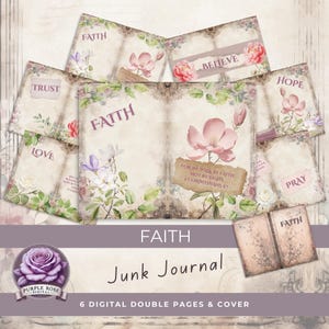 Seiten FAITH Junk Journal DIGITAL, bedruckbares FAITH inspiriertes Vintage Papier mit Blumen, Spitze, Schriften, Kunsthandwerk, Mixed Media Paper Christian