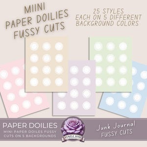 Mini papieren kleedjes kieskeurige snitten | Junk Journal Decoratie Efemere | Afdrukbare fussy cut-stickers op 5 verschillende achtergrondkleuren