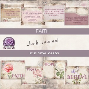 Kaarten FAITH Junk Journal DIGITAL, afdrukbare, op geloof geïnspireerde vintage kaarten met bloemen, kant, geschriften, ambachten, kunst, papier met gemengde media