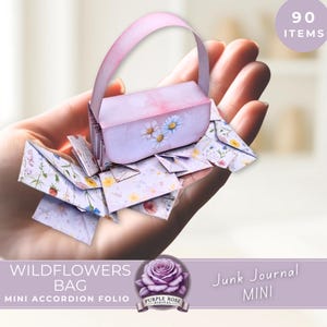 May include: A miniature paper bag and accordion folio with a floral design. The bag is light purple with daisy accents, and the folio is filled with small, floral-patterned envelopes. The image includes the text "Wildflowers Bag" and "Junk Journal Mini".