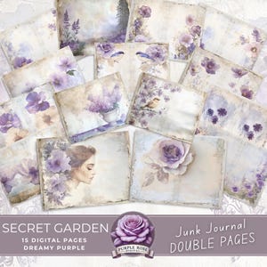 Secret Garden Junk Journal DIGITAL afdrukbare dubbele pagina's met zachte bloemen, dromerig paars, ambachten, mixed media papier, vintage, structuur