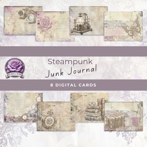 Kaarten Steampunk Junk Journal Afdrukbare DIGITALE kaarten, paars zacht romantisch, ambachten, kaarten Steampunk-kunst, mixed media-papier, bloemen