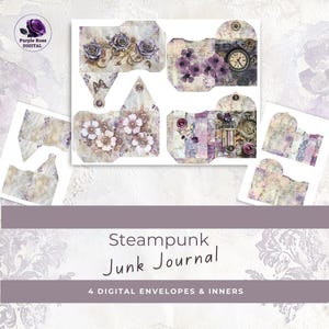 Steampunk Junk Journal DIGITALE Umschläge, lila weich romantisch, druckbare Mini Umschläge, Handwerk, Steampunk Art Journal, Mixed Media Papier
