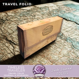 May include: A tan travel folio with a map design and the words "Timeless Traveler." The folio has a flap closure and is made of a sturdy material. The words "Travel Folio" are at the top. The bottom of the image says "Junk Journal Folios."
