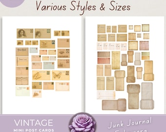 May include: Digital collage sheet with vintage ephemera, including postcards, library cards, and pockets. The image features various styles and sizes of aged paper elements, perfect for junk journals and scrapbooking. The text reads "76 ITEMS", "Digital Item", "Various Styles & Sizes", "VINTAGE", and "Junk Journal Ephemera".