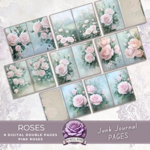 Rose Junk Journal Doppie Pagine / Pagine Digitali Stampabili con Texture con Rose Rosa / Artigianato Mixed Media / Art Journal / Clipart di Carte