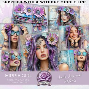 Hippie Girl Vol2 Junk Journal Pages numériques, papier imprimable, fille hippie, violet turquoise, fleurs, travaux manuels, papier technique mixte, journal d'art