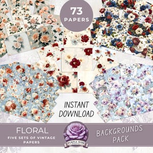 PACCHETTO di carta DIGITALE FLOREALE vintage, 73 pagine, rose selvatiche, peonie, rose, papaveri, sfondi stampabili, rosso, beige, crema, blu, viola