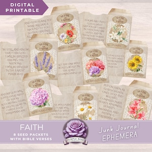 May include: Digital printable junk journal ephemera featuring seed packets with floral designs and Bible verses. The packets include mixed poppies, jasmine, carnations, sunflowers, and hydrangeas. The text includes "Seeds of Faith".