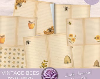 Vintage Bee Junk Journal Mini Kit: Pages, Ephemera, Cards, Tags, Fussy cuts
