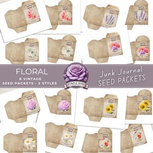 Flower SEED PACKET Junk Journal - Digital Printable für faltbare Blumensamenpakete, Vintage, Ephemera, Handwerk, Bunt, Gealtert, Strukturiert