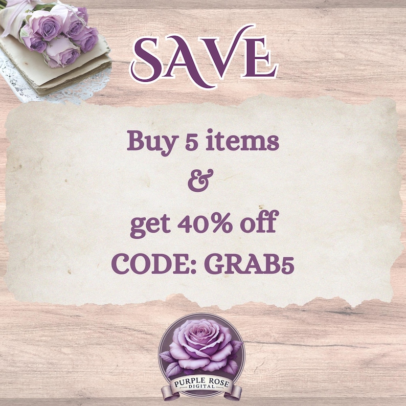 The image is an advertisement for a sale, featuring a purple rose and text promoting a discount.