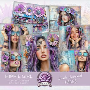 Hippie Girl Vol2 Junk Journal DIGITAL Pages, carta stampabile, ragazza hippie, turchese viola, fiori, artigianato, carta per tecniche miste, diario d'arte