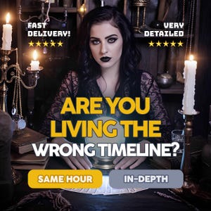 May include: A woman with dark makeup and a black lace top sits at a table with candles and a crystal ball. Text reads "ARE YOU LIVING THE WRONG TIMELINE?" with options for "SAME HOUR" and "IN-DEPTH" readings. The image also includes "FAST DELIVERY!" and "VERY DETAILED" text.