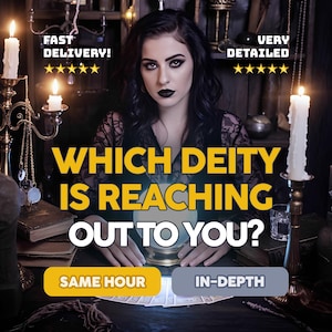 Pode incluir: Imagem de uma mulher com maquiagem escura e uma bola de cristal. O texto diz: "QUAL DIVINDADE ESTÁ ENTRANDO EM CONTATO COM VOCÊ?" com opções para "MESMA HORA" e "EM PROFUNDIDADE". Velas acesas e elementos decorativos criam uma atmosfera mística.