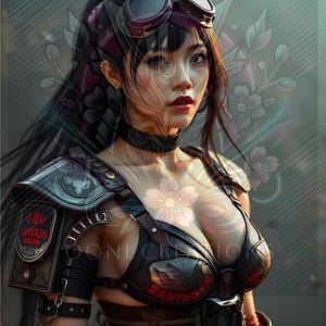 以下が含まれることがあります： 長い黒髪のキャラクターのデジタルイラスト。黒いゴーグル、赤いアクセントの入ったダークレザー風のチェストピース、AIPATONという文字が入った肩当てを着用している。キャラクターは赤いヘッドバンドをつけ、花柄のオーバーレイが施されている。