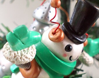 SNOWMAN Snowbot Robot Jetpack Geeky Christmas Ornament Gold Green Scarf