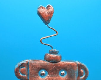 Rustic Heartbot Cupid Robot Sculpture | Faux Patina Bronze Blue | Desk Companion | Robot Lover Gift | Free Shipping