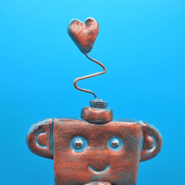 Sculpture de robot rustique Heartbot Cupidon | Fausse Patine Bronze Bleu | Compagnon de bureau | Cadeau d'amant de robot | Livraison gratuite