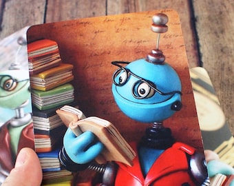 Basil Bot Reading a Book Art Postcard Techie Gift Geeky Love Gift