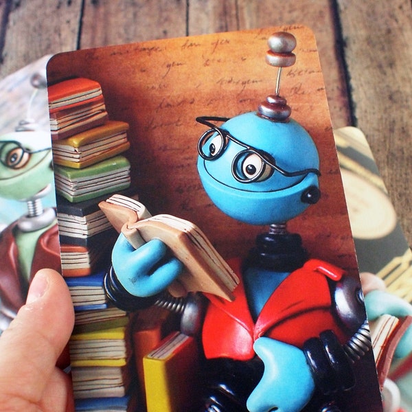 Basil Bot Reading a Book Art Postcard Techie Gift Geeky Love Gift