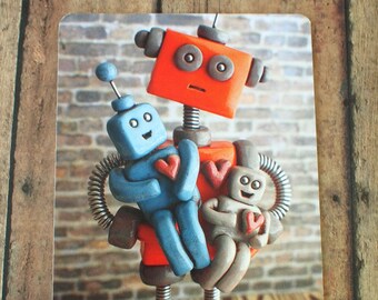 Robot Father parent with robot children Art Postcard Techie Gift Geeky Love Gift