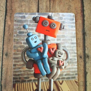 Robot Father parent with robot children Art Postcard Techie Gift Geeky Love Gift image 1
