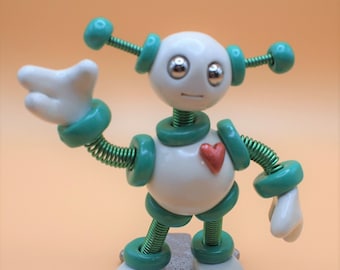 Gere Roboter Skulptur | Weiß Grün | Schreibtischbegleiter | Roboter Liebhaber Geschenk | Kostenloser Versand