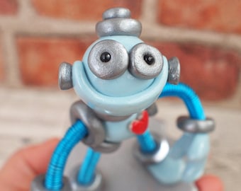Silver Light Blue Happy Robot Sculpture | Desk Companion | Robot Lover Gift | Free Shipping