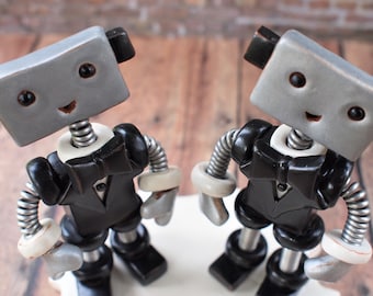 Robot Wedding Cake Topper READY TO SHIP Two Grooms Male Male Gay Couple Bow Tie (4 inches) [free shipping]