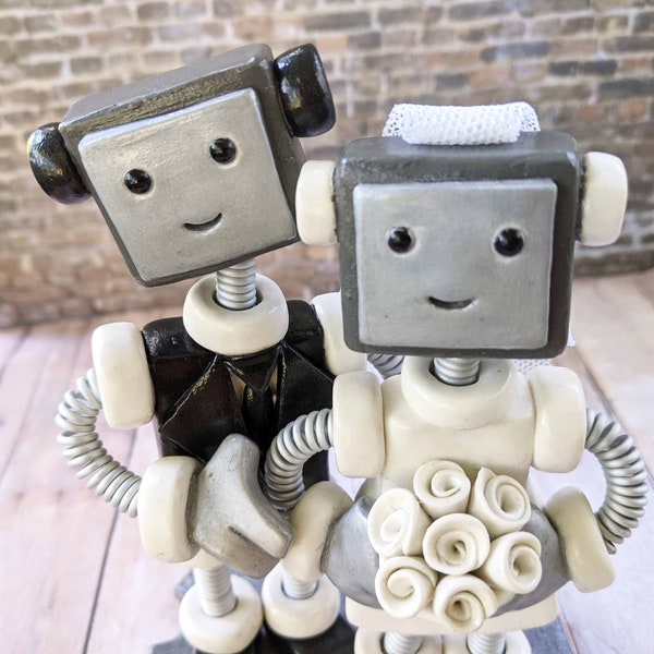 Robot Wedding Cake Topper READY TO SHIP Robot Bride Groom Face Rustic Finish (6 inches)