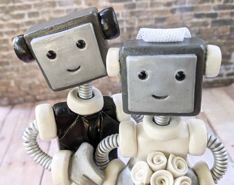 Robot Wedding Cake Topper READY TO SHIP Robot Bride Groom Face Rustic Finish (6 inches)