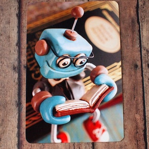 Professor Bot Bixbo Reading a Book Art Postcard Techie Gift Geeky Love Gift image 1