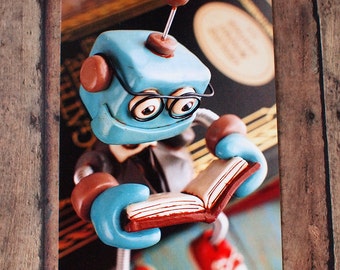 Professor Bot Bixbo Reading a Book Art Postcard Techie Gift Geeky Love Gift