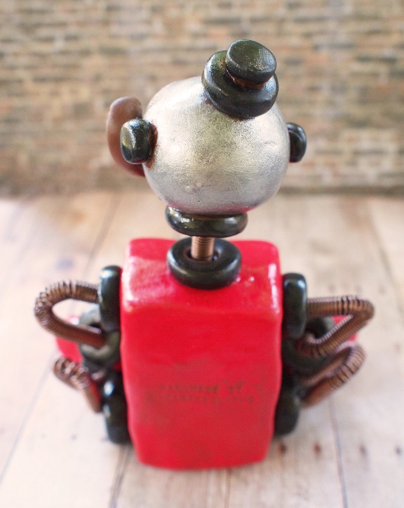 Huge Mustache Robot Business Card Holder Red Black Silver Rustic Geeky Office Décor Techie Gift Desk Companion Free Shipping image 6