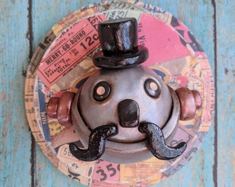 Circus Ringmaster Face Mustache Robot Face Plaque Robot Sculpture Bizarrely Charming - Clay, Wood, Wire