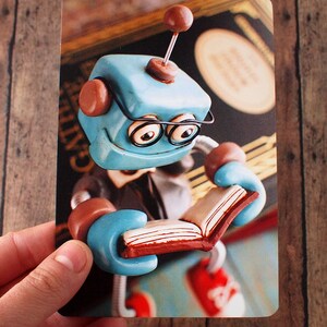 Professor Bot Bixbo Reading a Book Art Postcard Techie Gift Geeky Love Gift image 2