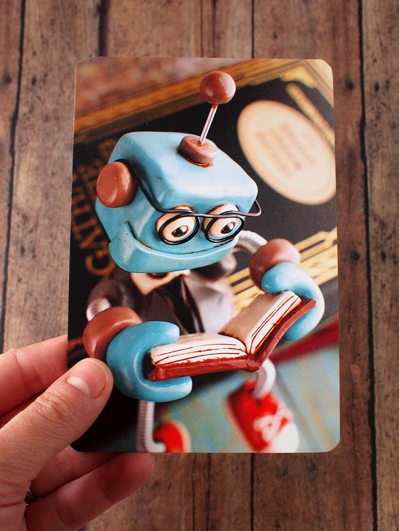 Professor Bot Bixbo Reading a Book Art Postcard Techie Gift Geeky Love Gift image 2