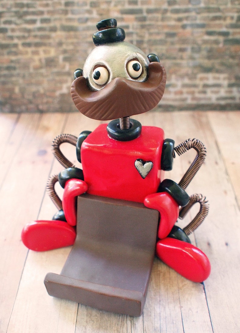 Huge Mustache Robot Business Card Holder Red Black Silver Rustic Geeky Office Décor Techie Gift Desk Companion Free Shipping image 2