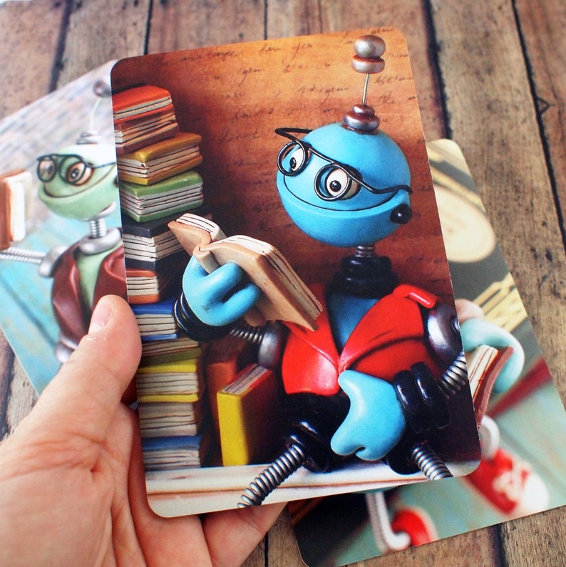 Basil Bot Reading a Book Art Postcard Techie Gift Geeky Love Gift image 1
