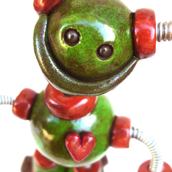 Grungy Garvin Green Photo Holder Robot Sculpture - Clay, Wire, Paint