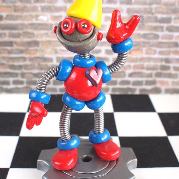 2nd Second Birthday Robot Cake Topper - Blue Red Robot Sculpture - Clay, Wire