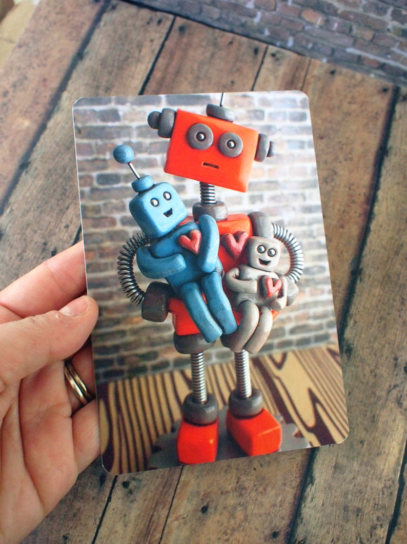 Robot Father parent with robot children Art Postcard Techie Gift Geeky Love Gift image 2