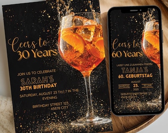 Digital birthday invitation card with cocktail glass, Cheers invitation Canva, 20th, 30th, 35th, 40th, 50th, 60th birthday, Canva eCard template